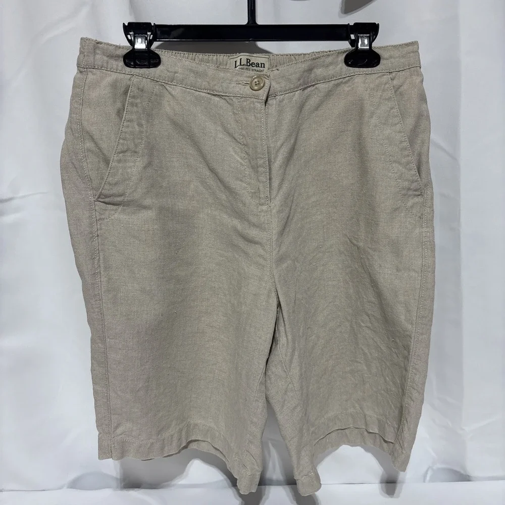 LL Bean Mens Size 30 Tan Linen Elastic Shorts With Pockets Elastic On Back Waist